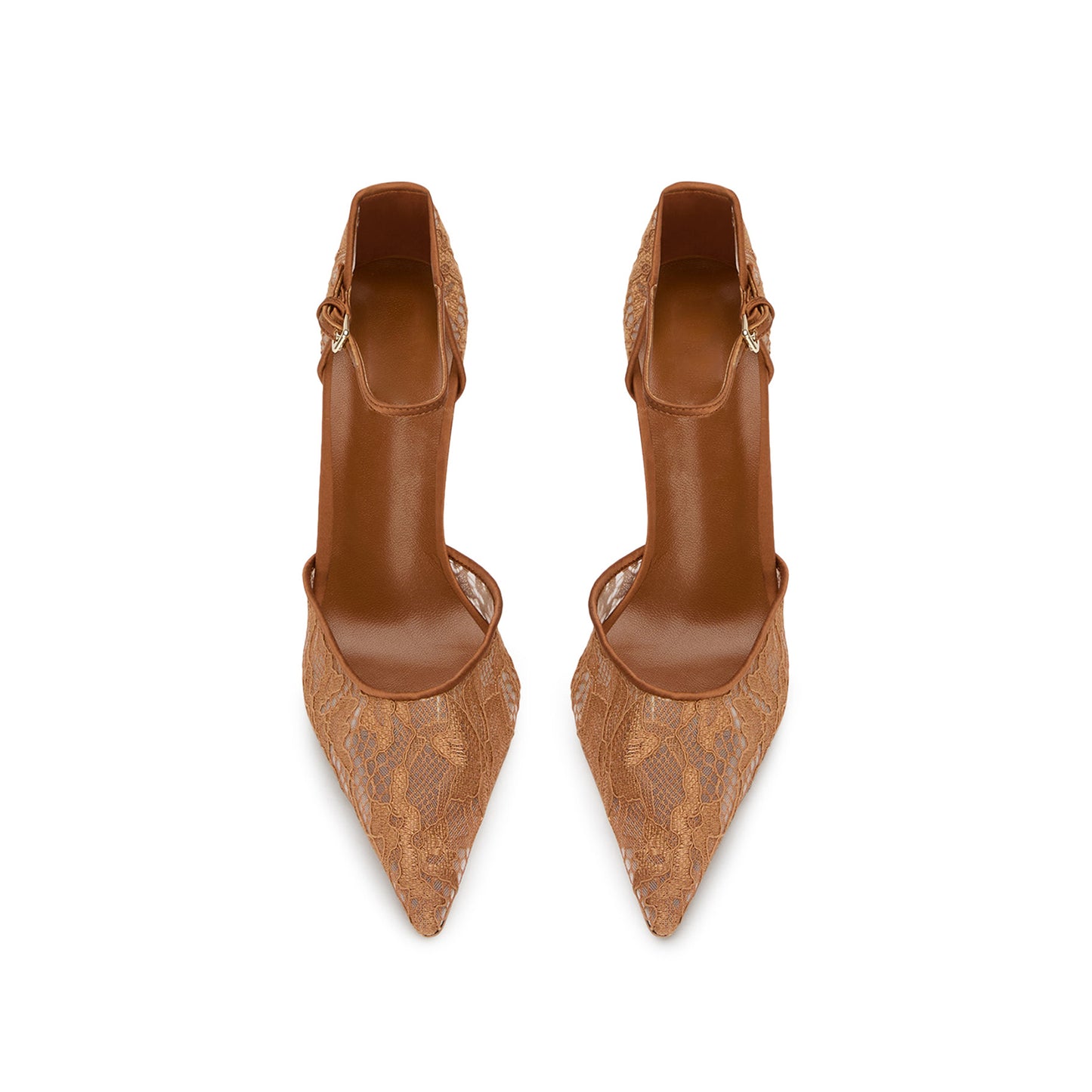 Rust Lace Mesh Pointed-Toe Satin Ankle Strap High Heels