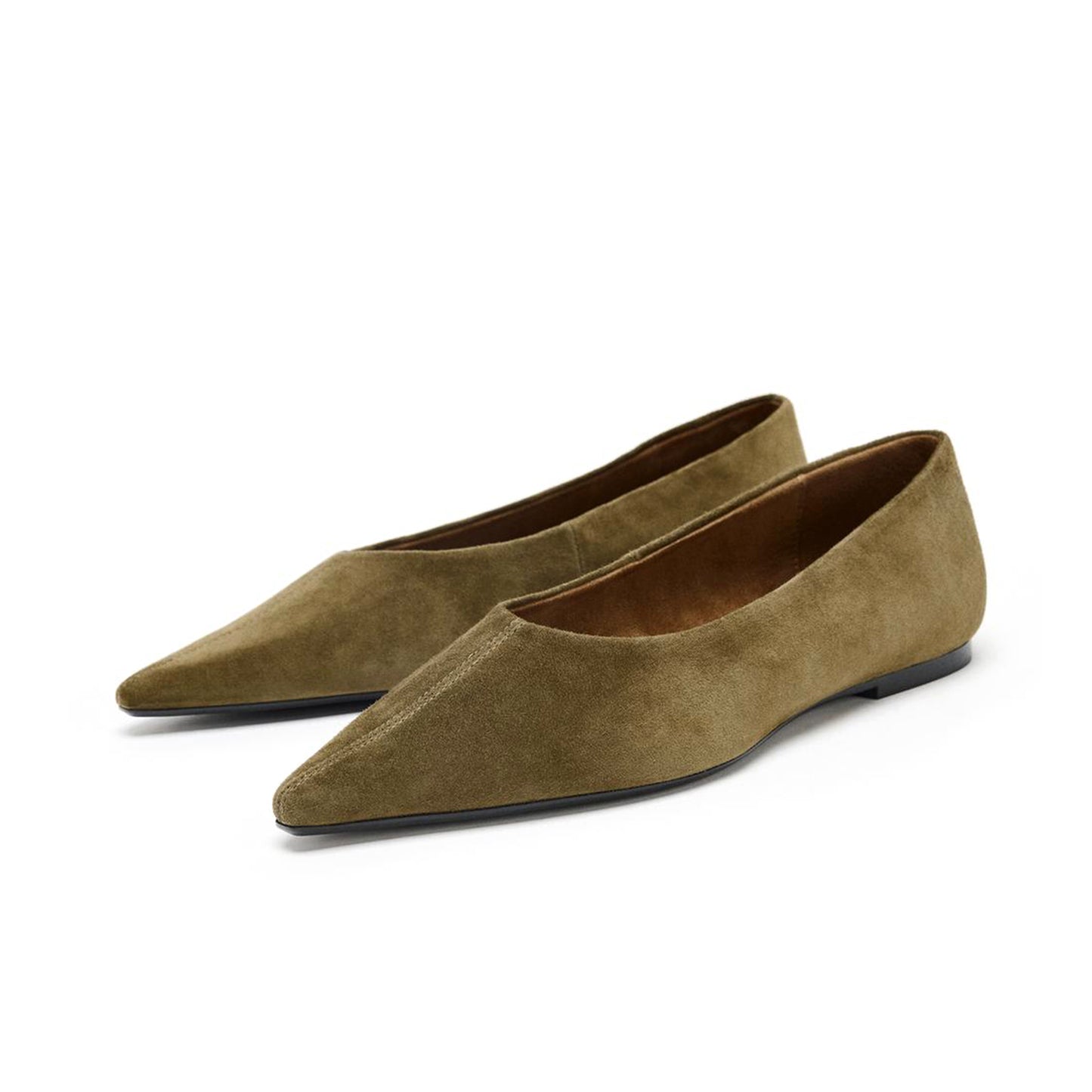 Dark Green Faux Suede Pointed-Toe Simple Slip-on Ballet Flats