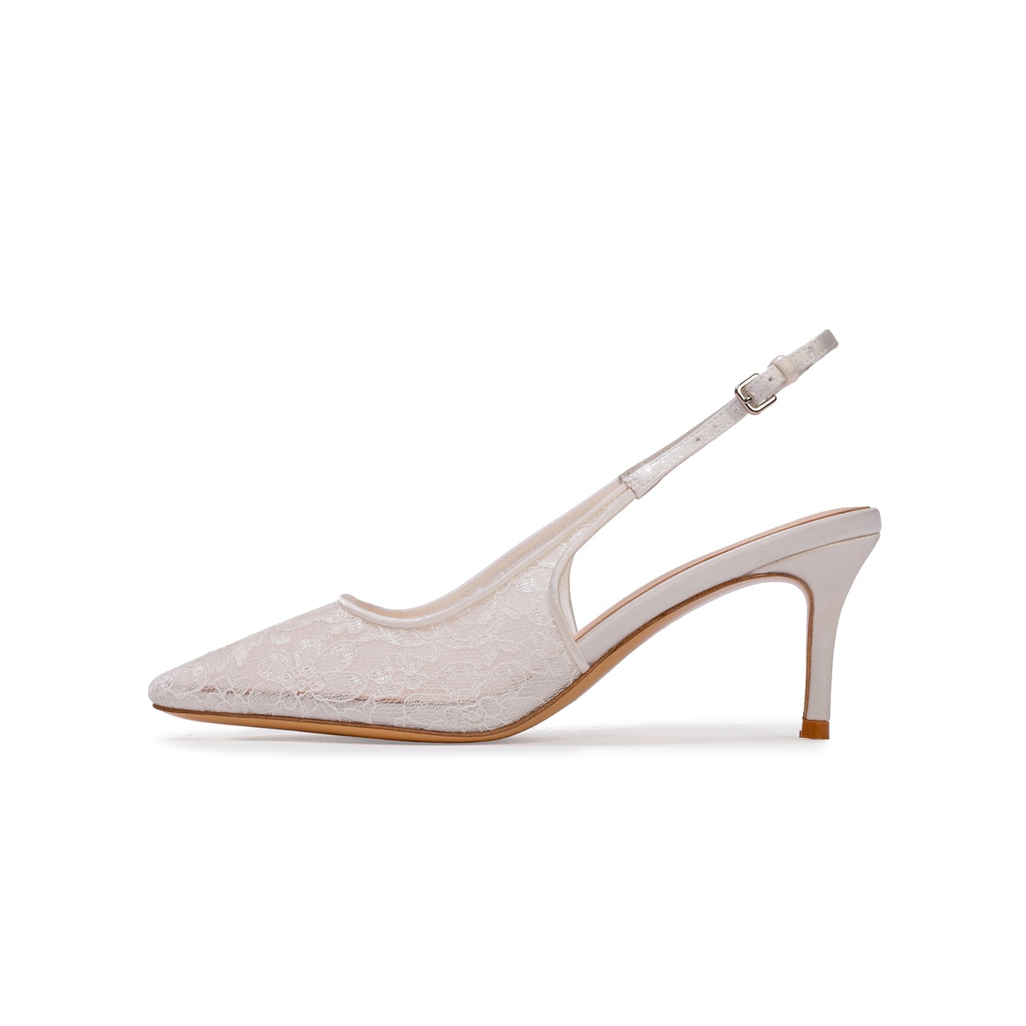 White Lace Mesh Pointed-Toe Buckle Back Strap Kitten Heels