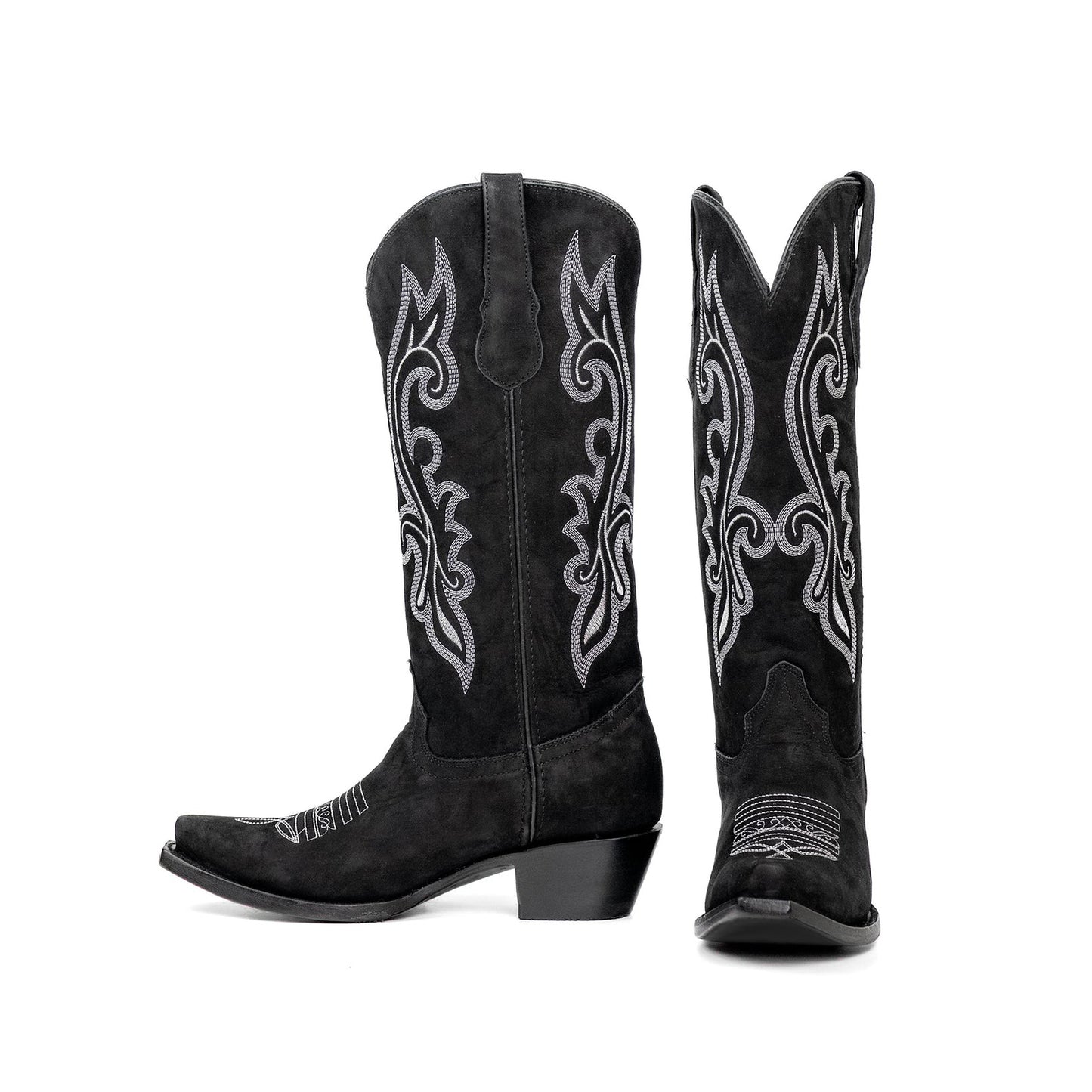 Black Faux Suede Snip-Toe Refined Embroidery Mid Calf Cowgirl Boots