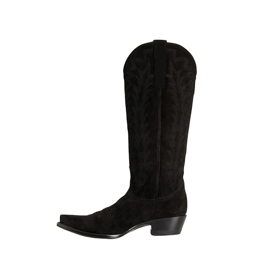 Black Faux Suede Snip-Toe Embroidery Sleek Mid Calf Classic Cowgirl Boots
