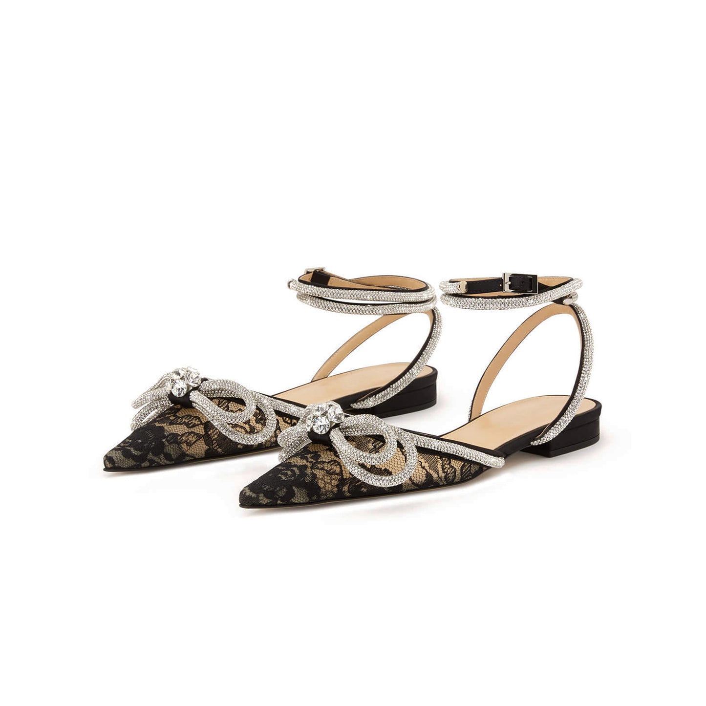 Black Lace Mesh Pointed-Toe Glitter Double Bow With Rhinestones Ankle Strap Flats