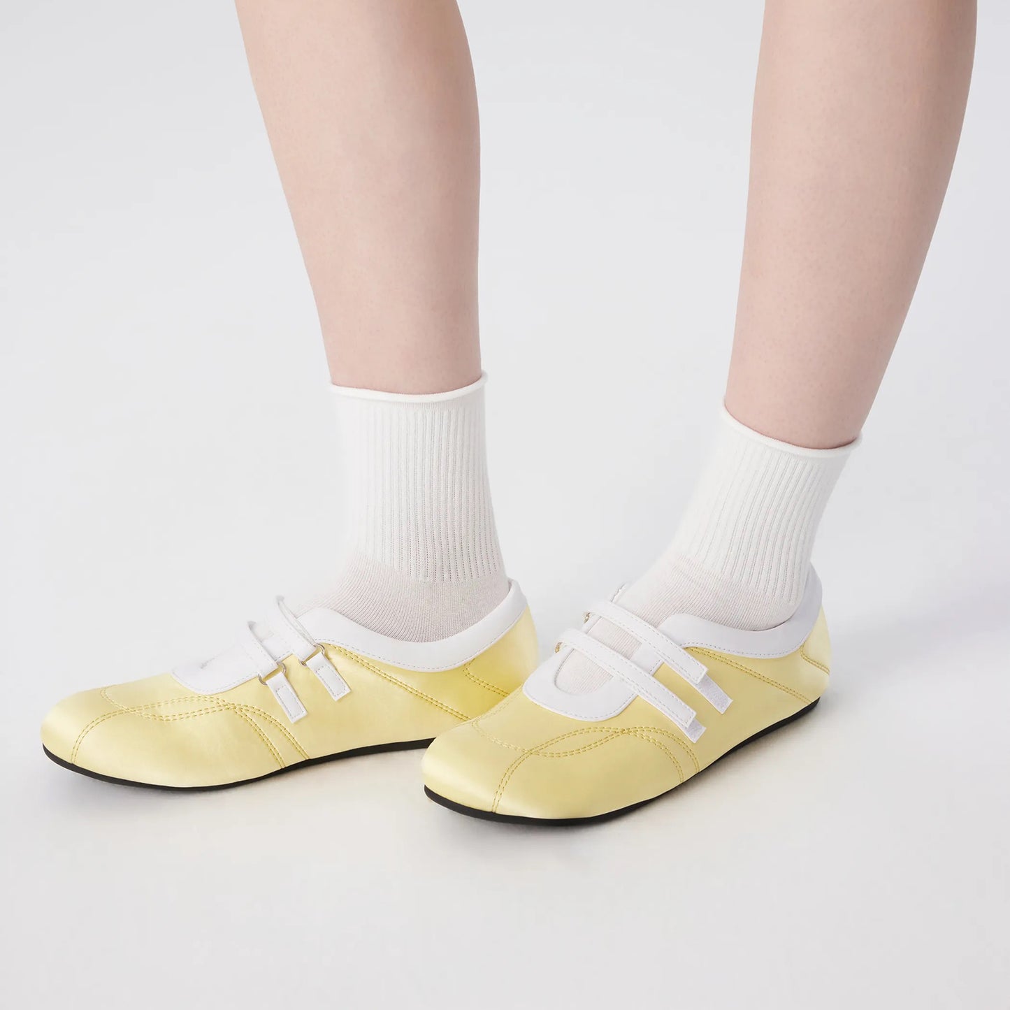 Yellow Satin And Vegan Leather Round-Toe Adjustable Strap Sneakers