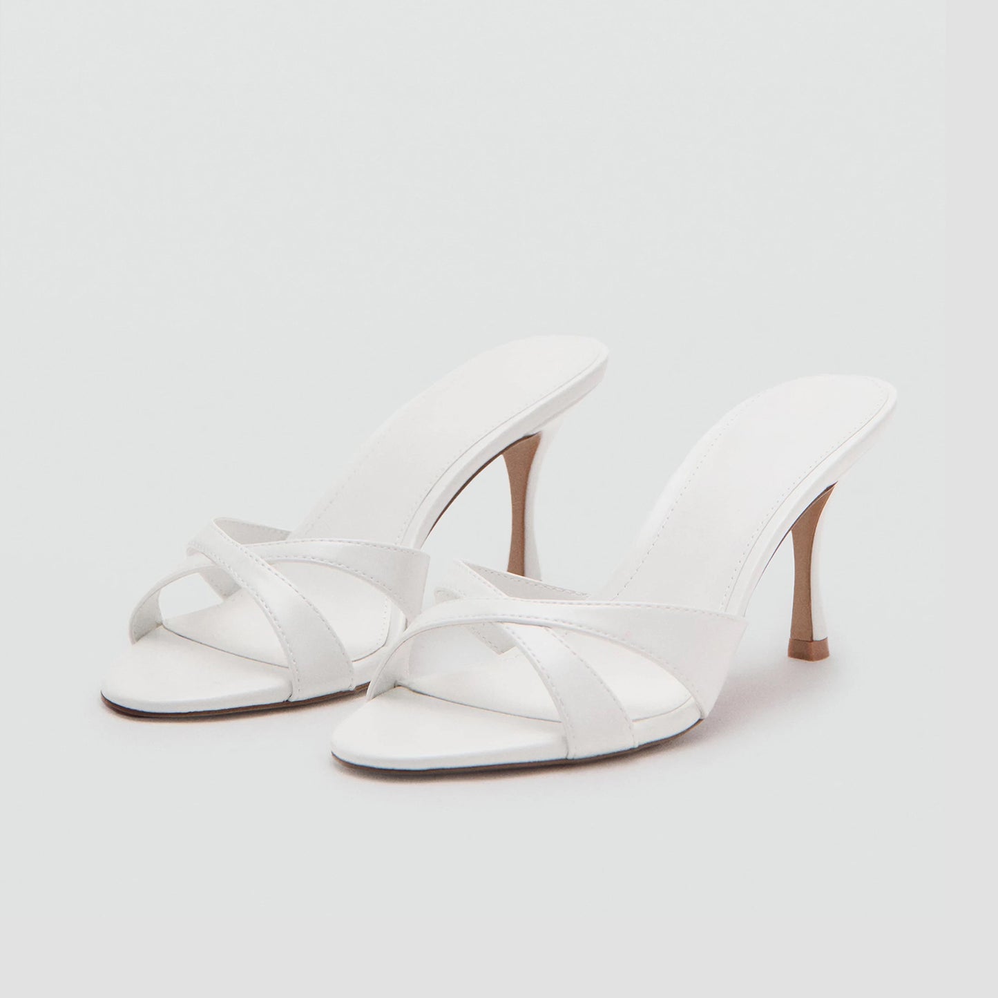 White Round-Toe Front Crossed Straps Slip-On High Heels