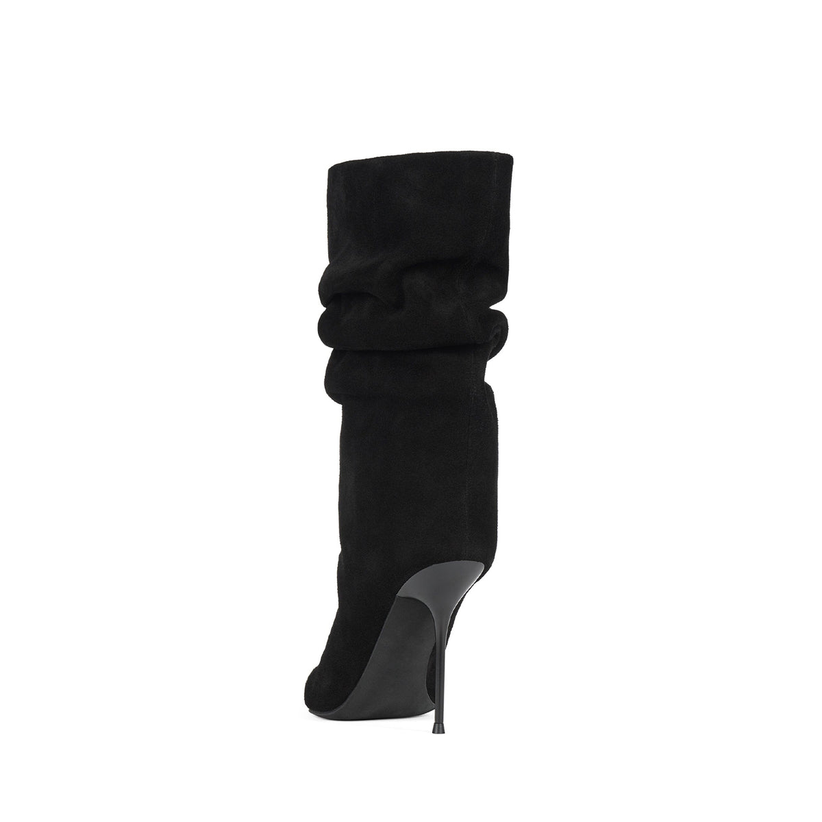 Black Faux Suede Pointed-Toe Slip-On Ankle Stiletto Boots