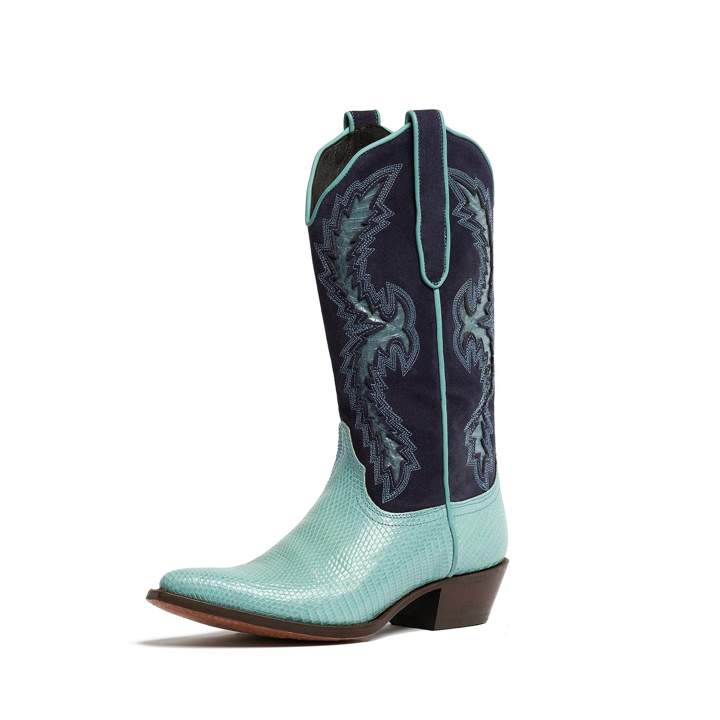 Contrast Lizard Print And Navy Faux Suede Snip-Toe Embroidery And Inlay Mid Calf Cowgirl Boots