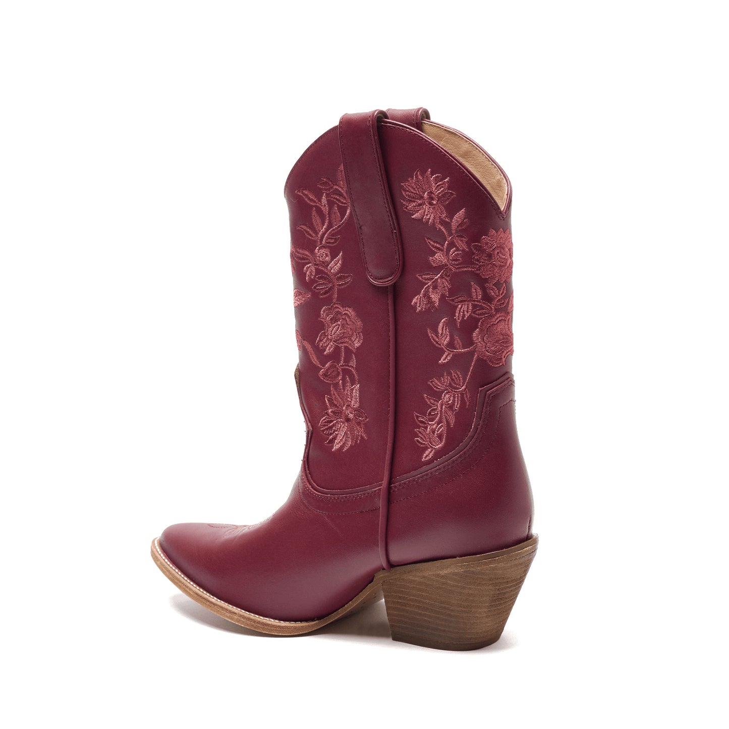 Red Round-Toe Chic Flowers Embroidery Ankle Cowgirl Boots