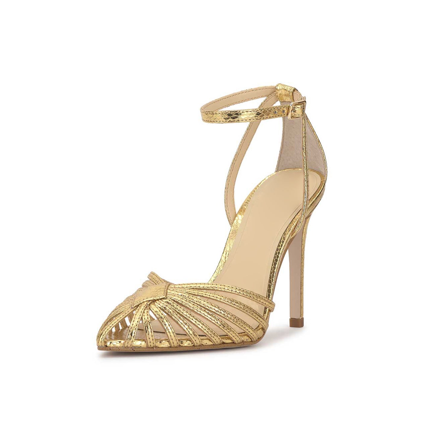 Metallic Gold Snakeskin Print Pointed-Toe Front Strappy Ankle Strap Pumps High Heels