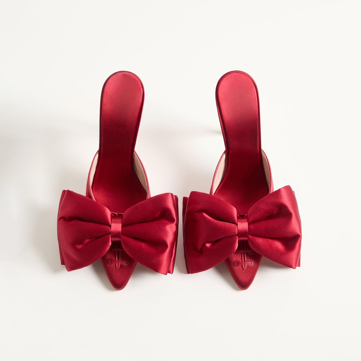 Red Satin Pointed-Toe Big Front Bow Backless Mule High Heels