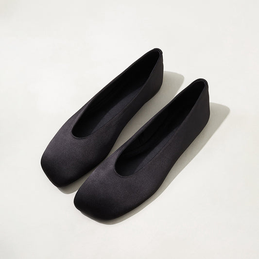 Black Satin Square-Toe Classic Slip-On Ballet Flats