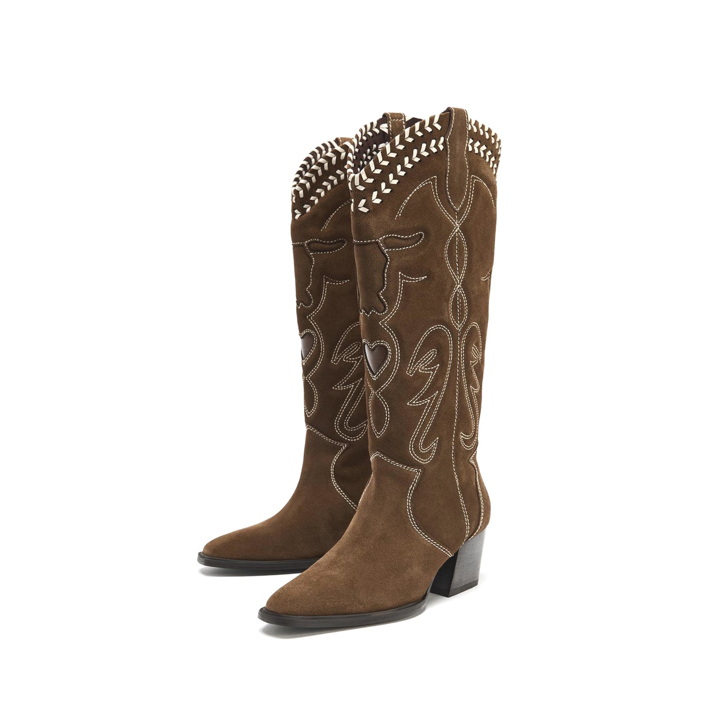 Brown Embroidery Tauren And Heart Inlay Running Lace Stitch Knee High Cowgirl Boots