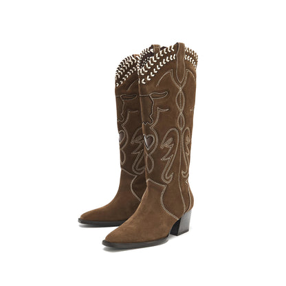 Brown Embroidery Tauren And Heart Inlay Running Lace Stitch Knee High Cowgirl Boots