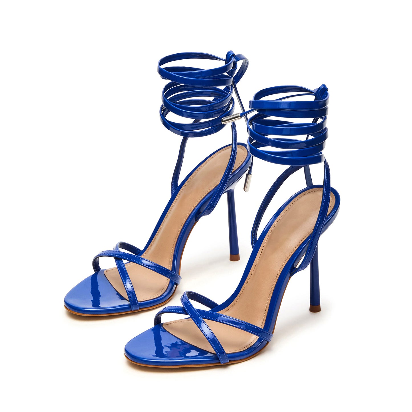 Patent Blue Round-Toe Ankle Strappy High Heels