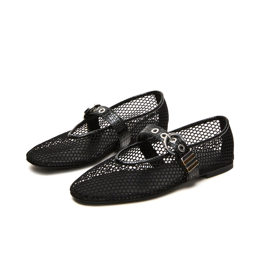 Black Mesh Round-Toe Crocodile Print Bridge Strap Ballet Flats
