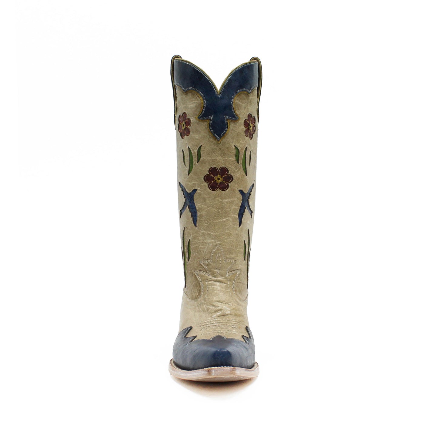 Contrast Bone And Blue Snip-Toe Birds Flowers Inlays Mid Calf Cowgirl Boots