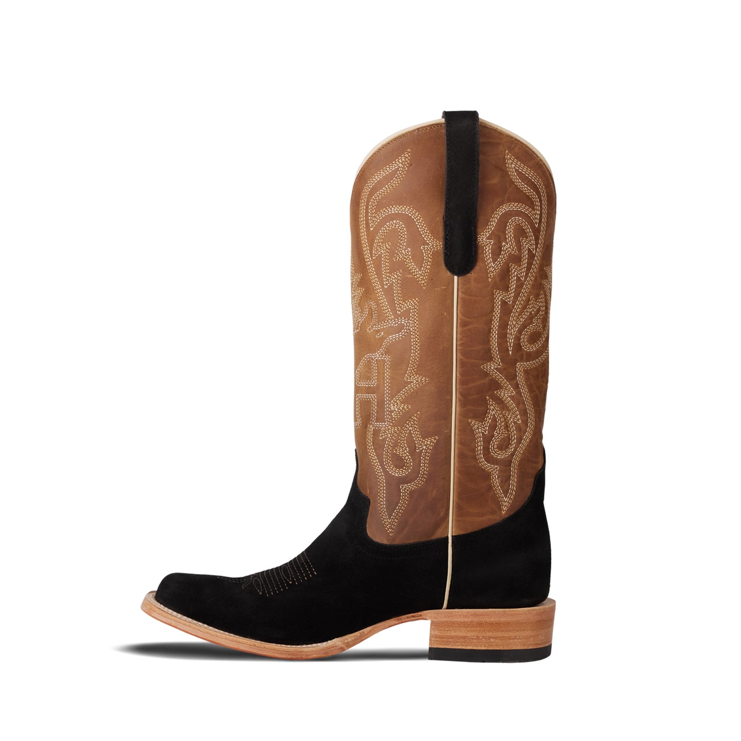 Contrast Brown And Black Faux Suede Square-Toe Chic Embroidery Mid Calf Cowgirl Boots