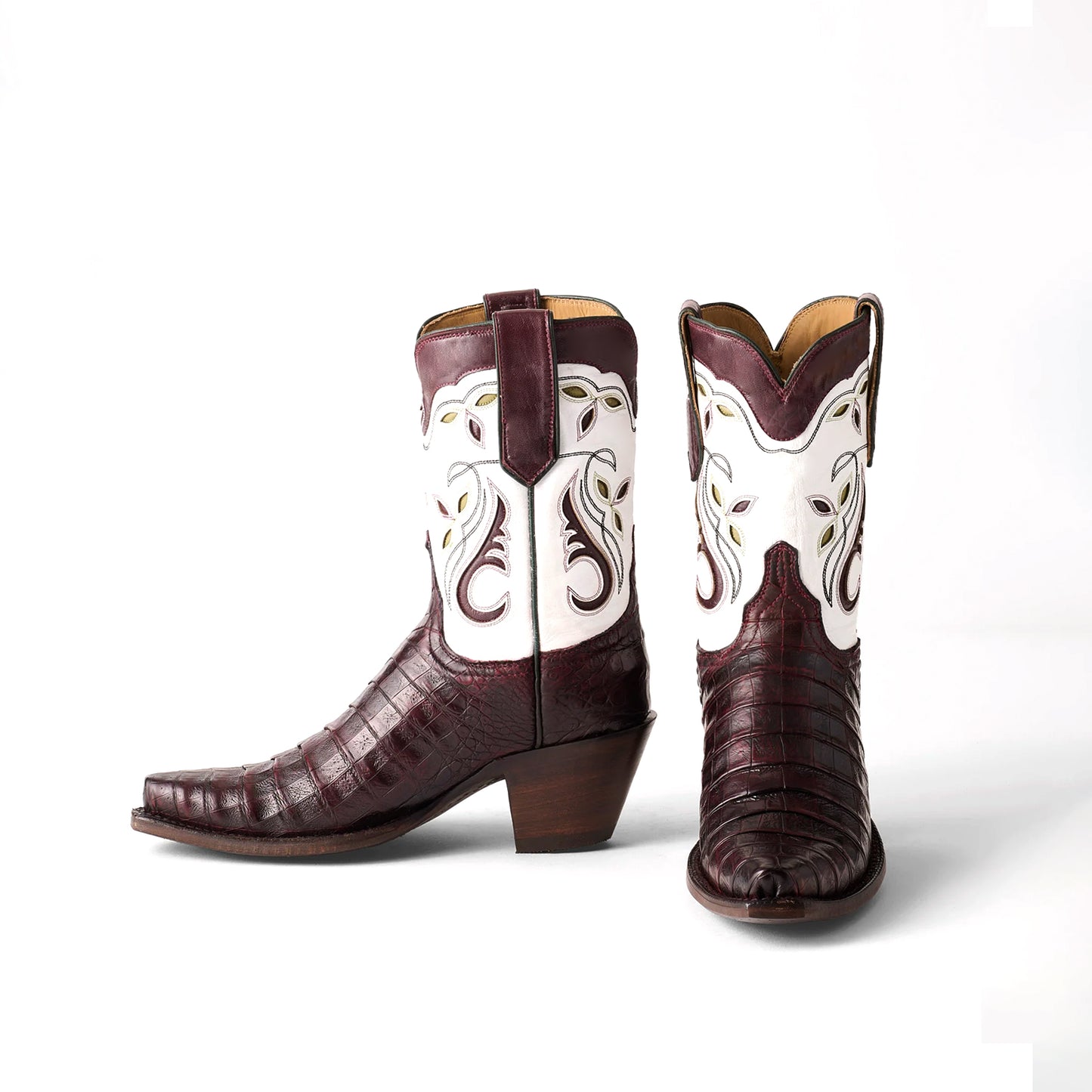 Contrast White And Black Snip-Toe Inlays Ankle Cowgirl Boots