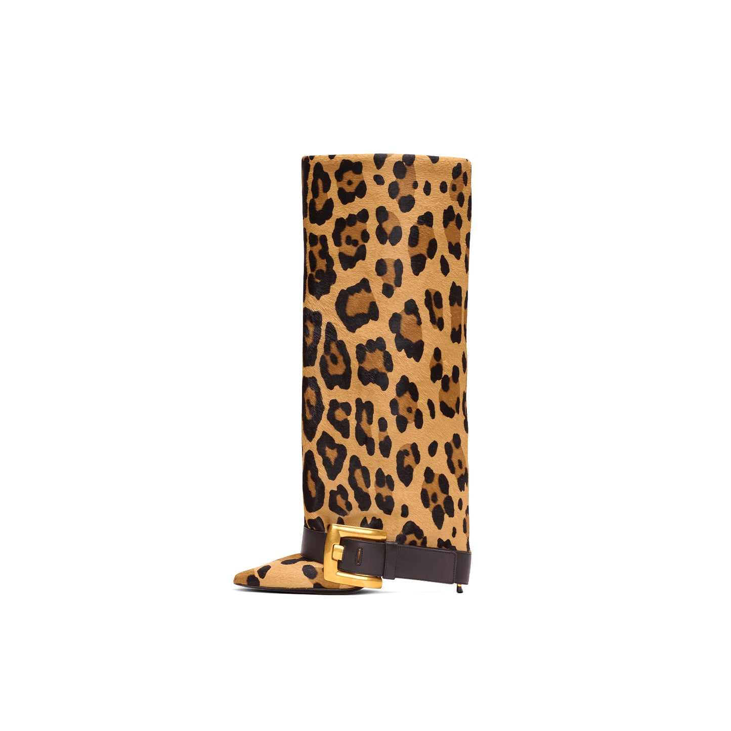 Leopard Pointed-Toe Bottom Buckle Fold-Over Wide Calf Knee High Stiletto Boots