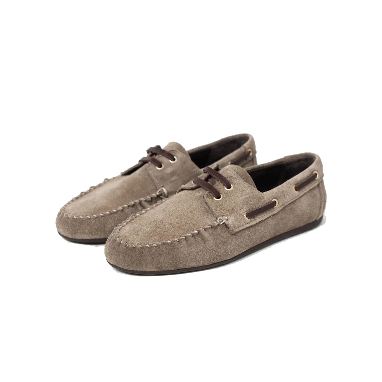 Taupe Cow Suede Round-Toe Laces Classic Loafers Flats