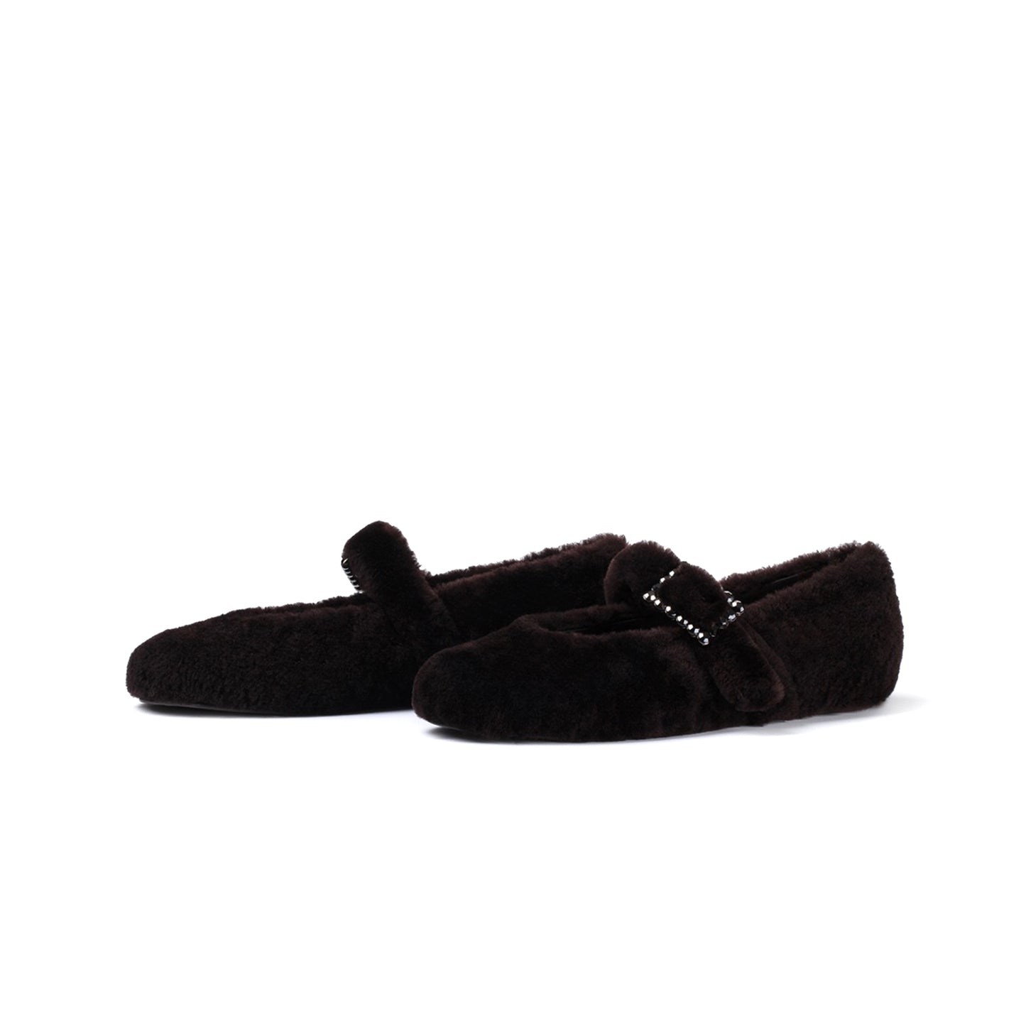 Brown Full Plush Square-Toe Bridge Strap Ballet Flats