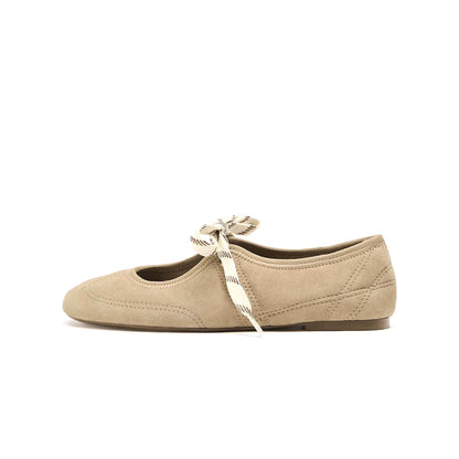 Sandy Brown Faux Suede Round-Toe Lace-up Closure Contrast Stitching Ballet Flats