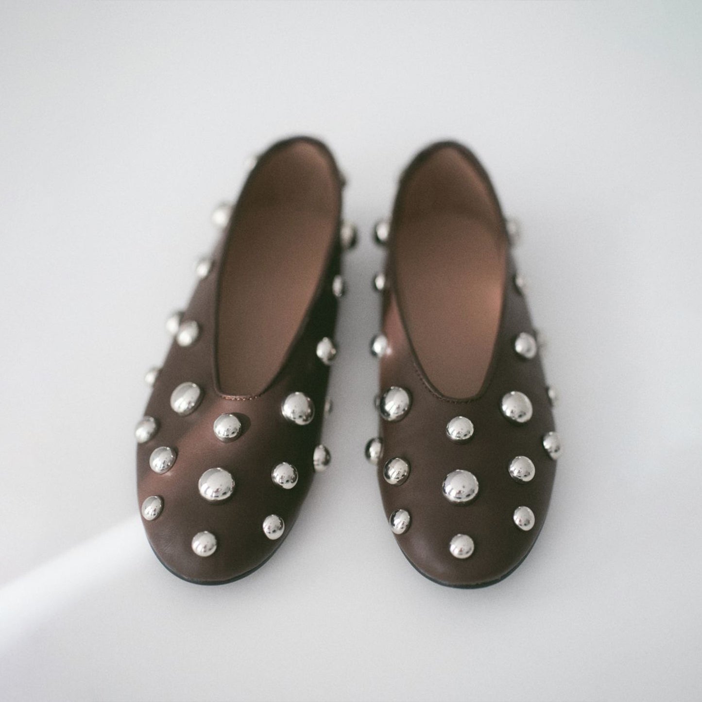 Dark Brown Vegan Leather Round-Toe Studded Slip-On Flats