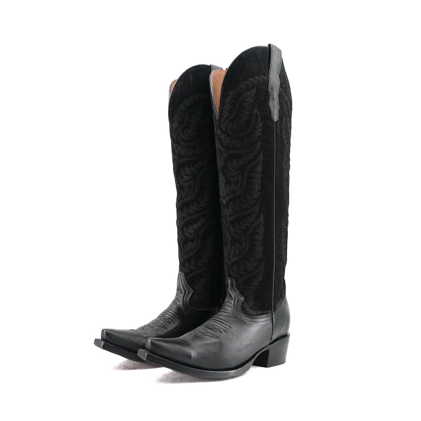 Black Contrast Faux Suede And Vegan Leather Snip-Toe Embroidery Half-Zip Knee High Cowgirl Boots