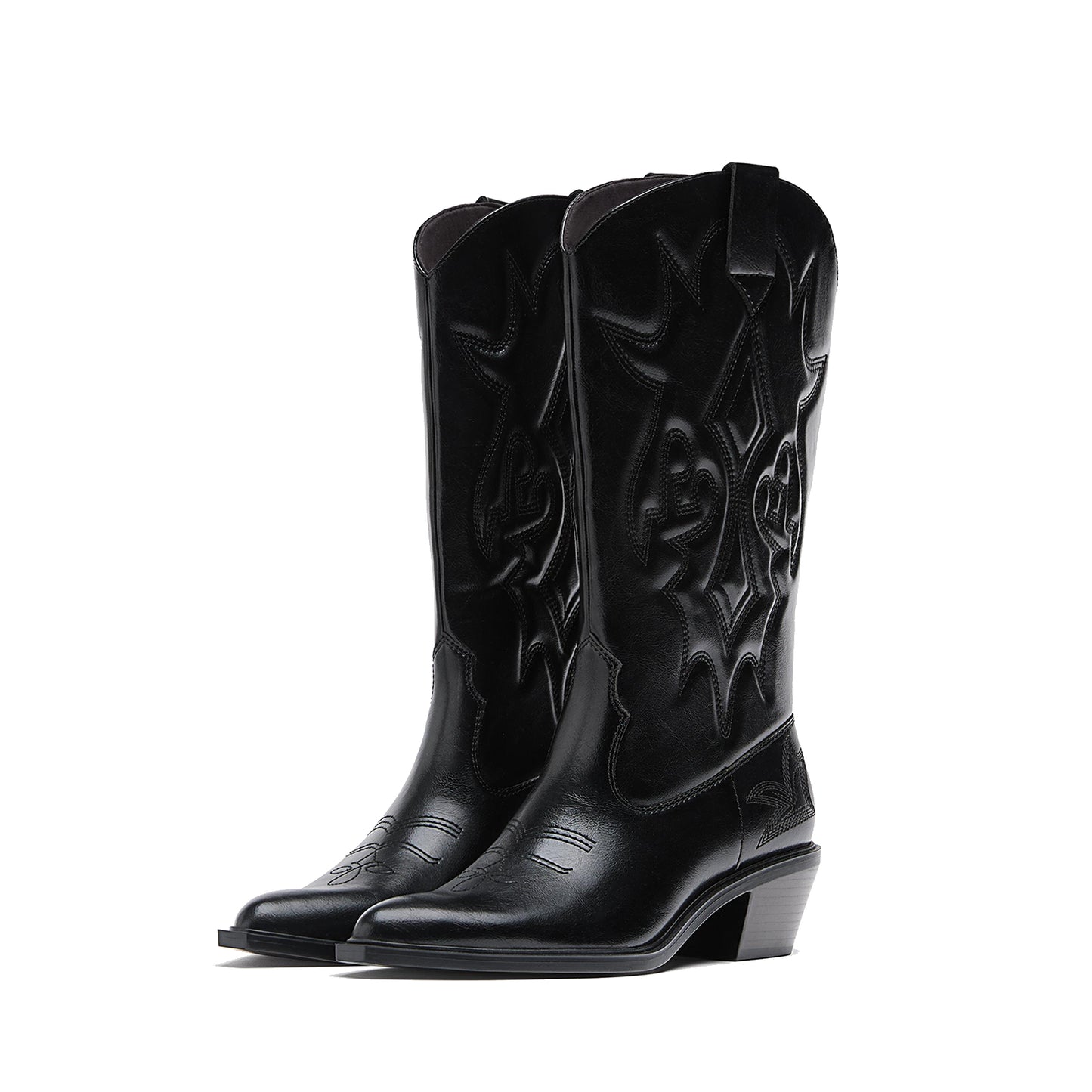 Black Almond-Toe Chic Stitch Mid Calf Classic Cowgirl Boots