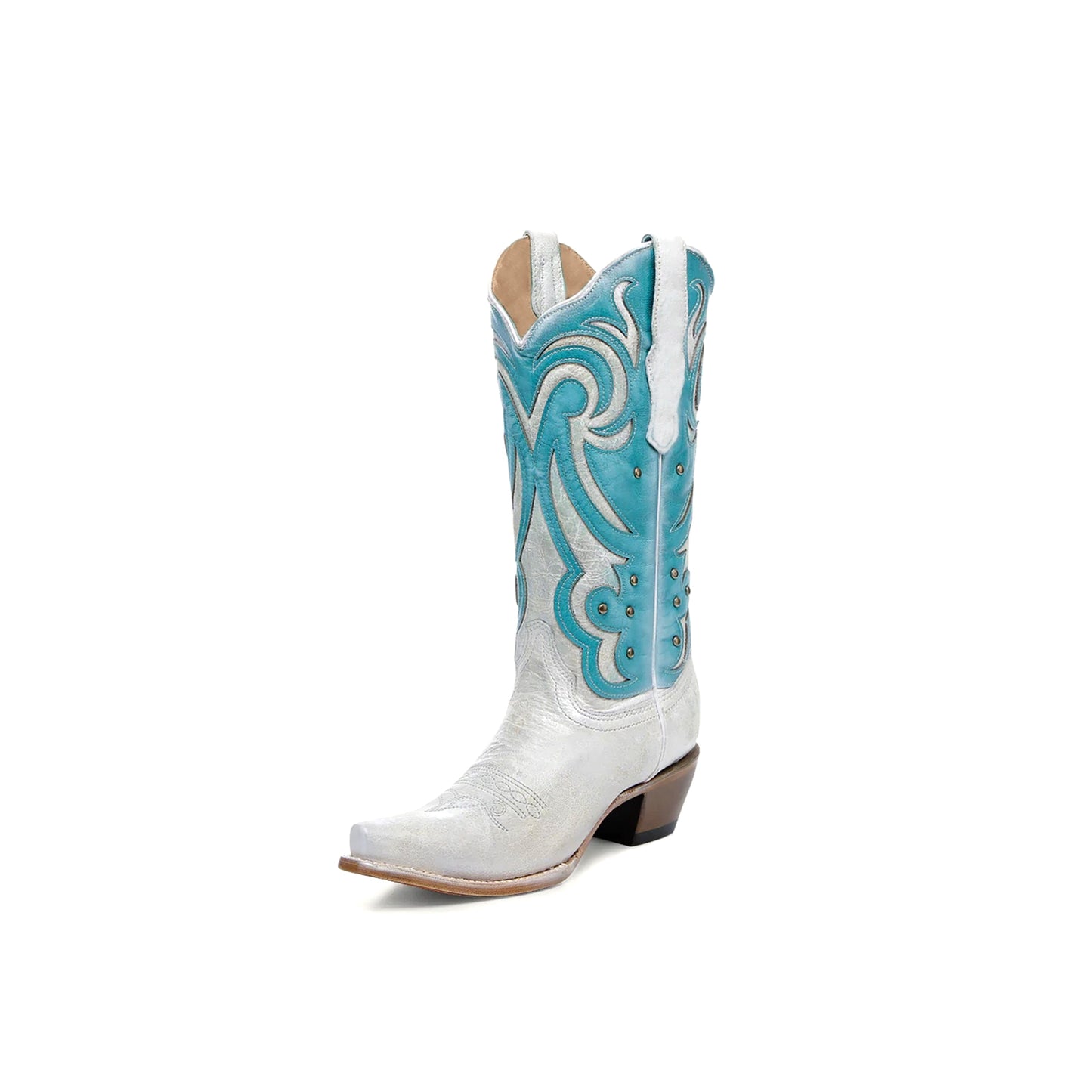 Distressed White Overlay Turquoise Snip-Toe Studded Mid Calf Cowgirl Boots