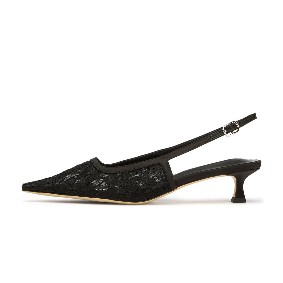 Chic Pointed-Toe Buckle Slingback Kitten Heels - Black Lace Mesh And Satin