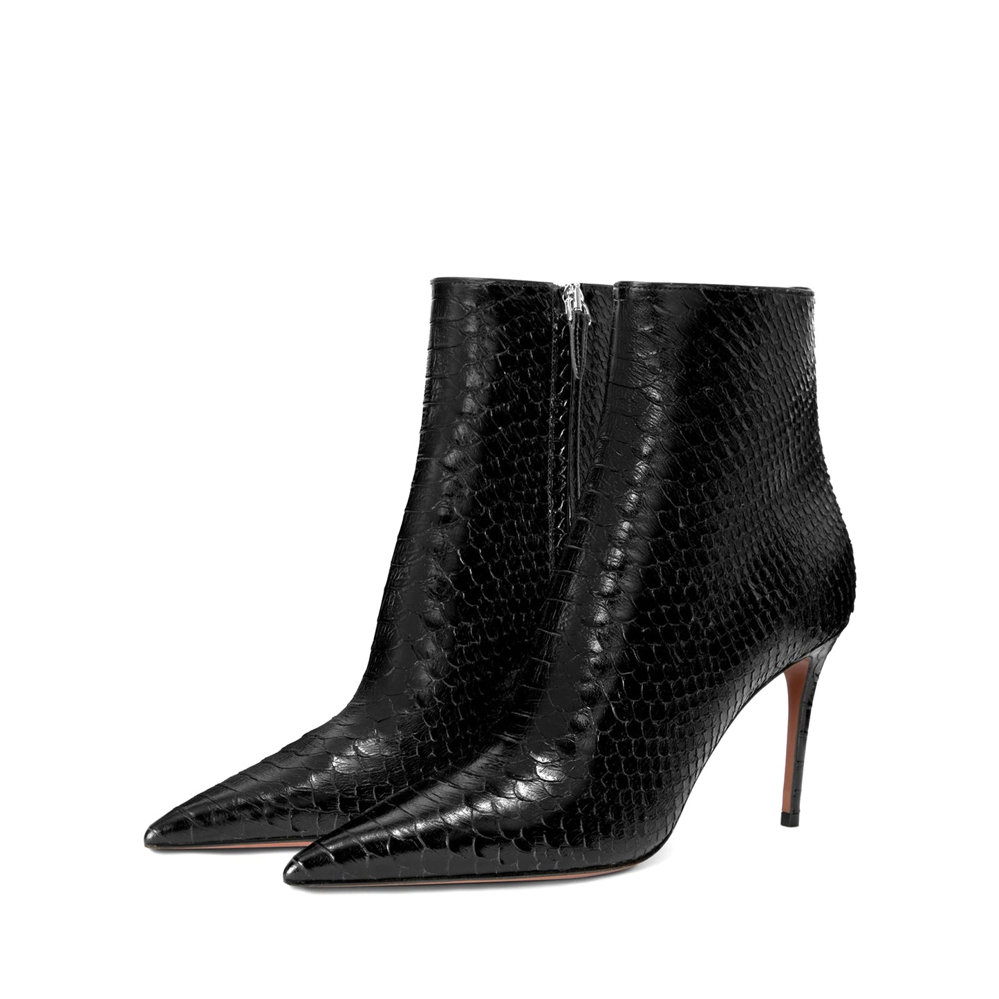 Black Snakeskin Print Pointed-Toe Classic Full-Zip Chic Ankle Stiletto Boots