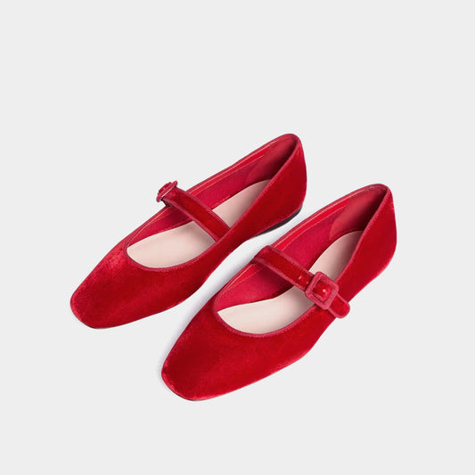 Red Velvet Square-Toe Bridge Strap Ballet Flats
