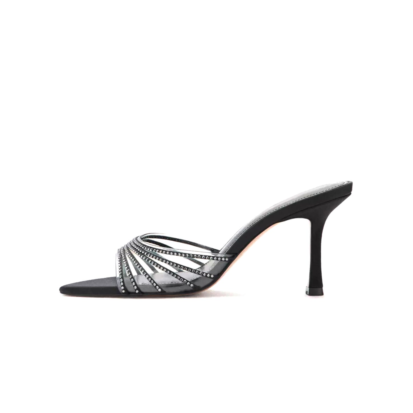 Black Satin Open Pointed-Toe PVC Transparent Film With Strap Backless High Heels