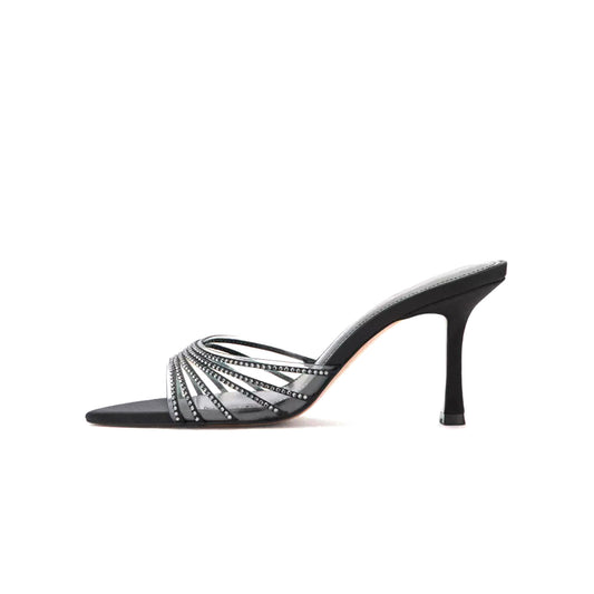 Black Satin Open Pointed-Toe PVC Transparent Film With Strap Backless High Heels
