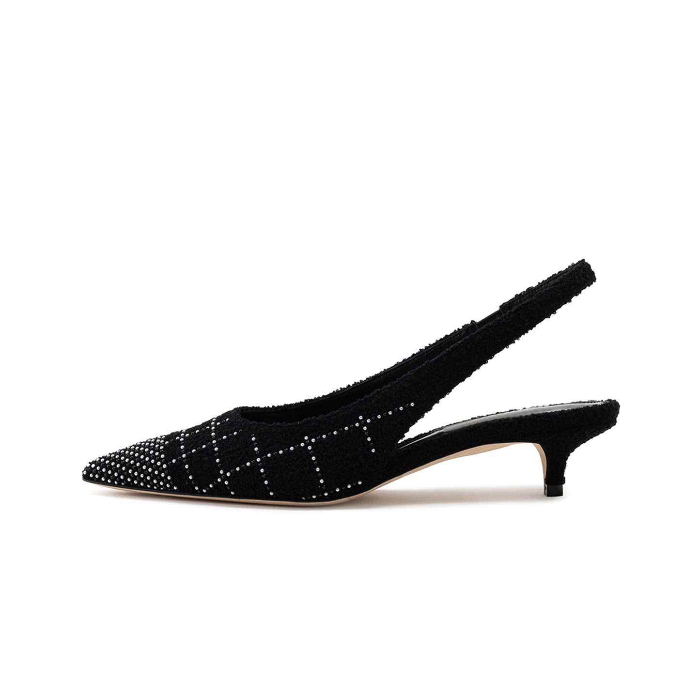 Black Tweed With Pearls Pointed-Toe Slingback Slip-On Kitten Heels
