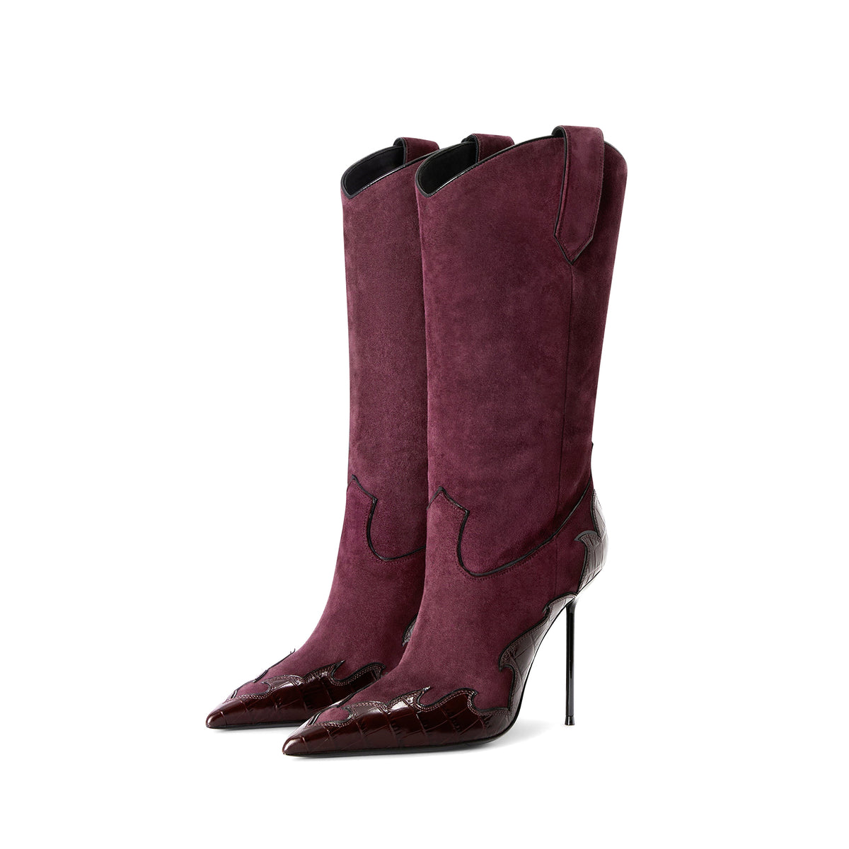Burgundy Faux Suede And Crocodile Pattern Pointed-Toe Slip-On Mid Calf Stiletto Boots