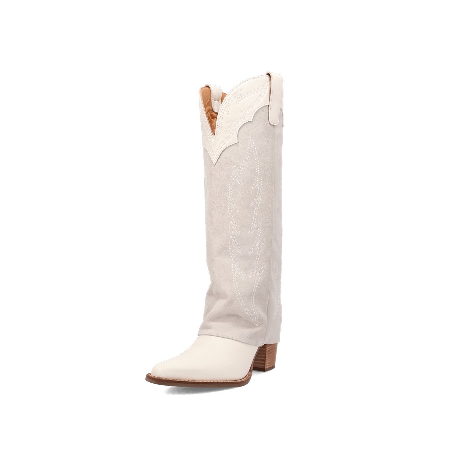 White Snip-Toe Faux Suede Fold-Over Embroidery Wide Calf Knee High Cowgirl Boots