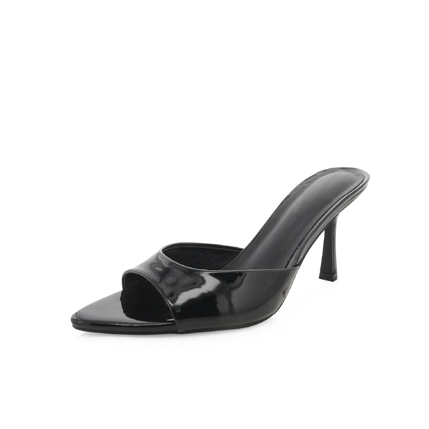 Patent Black Open Pointed-Toe Slip-On Backless High Heels