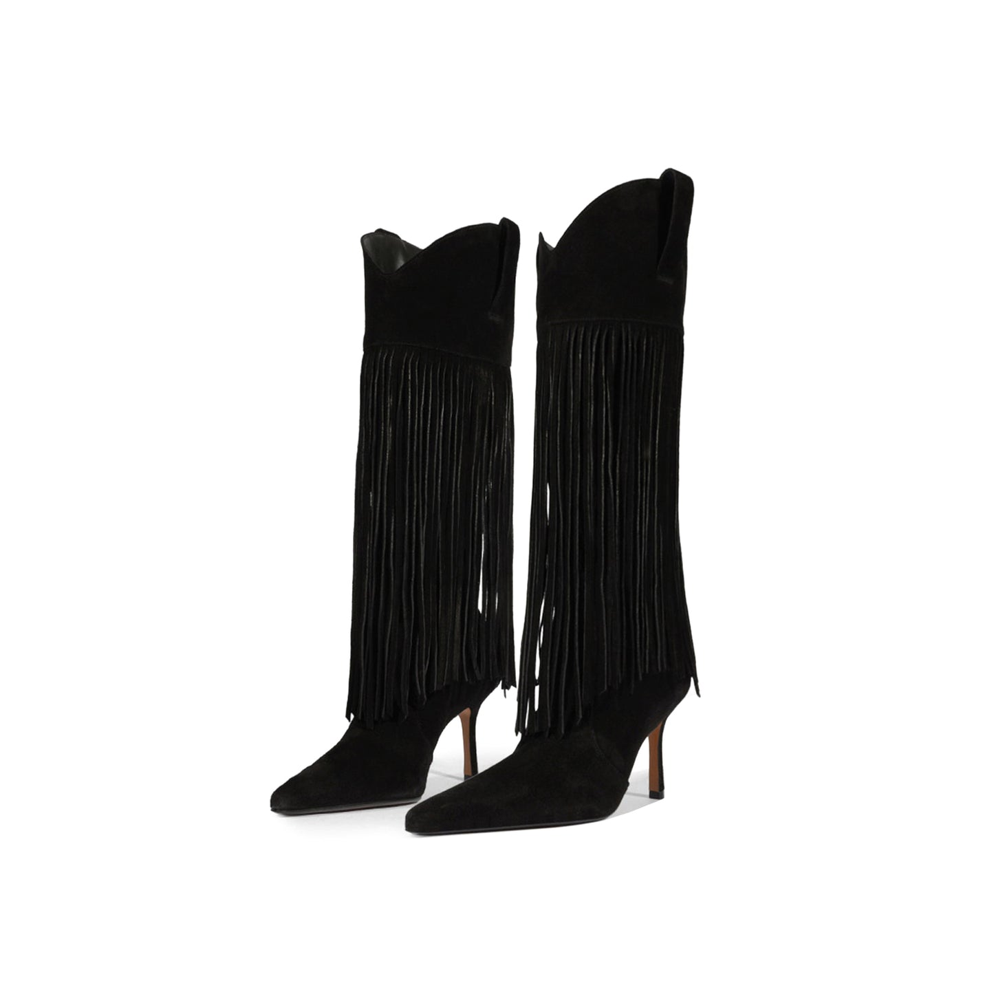 Black Faux Suede Pointed-Toe Shaft Fringe Mid Calf Stiletto Boots