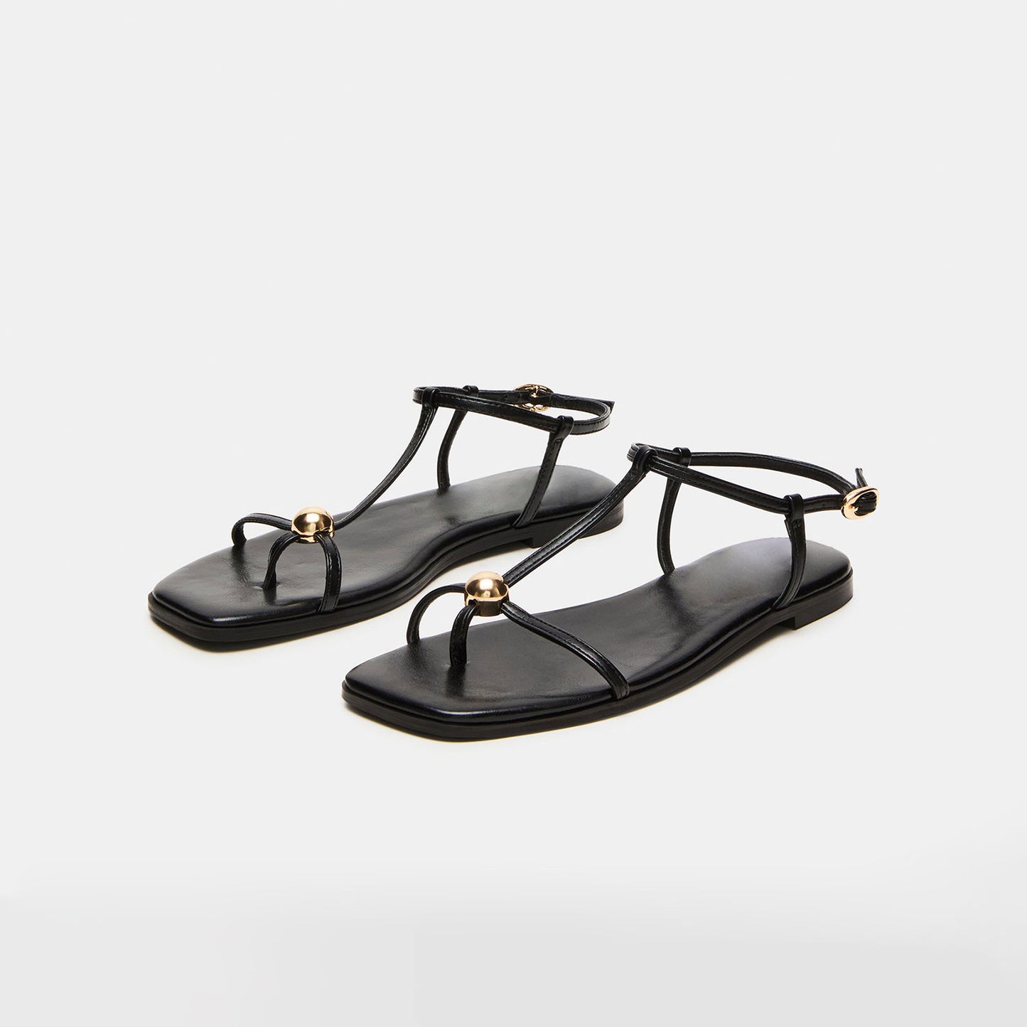 Black Square-Toe Strappy Ankle Strap Sandals Flats