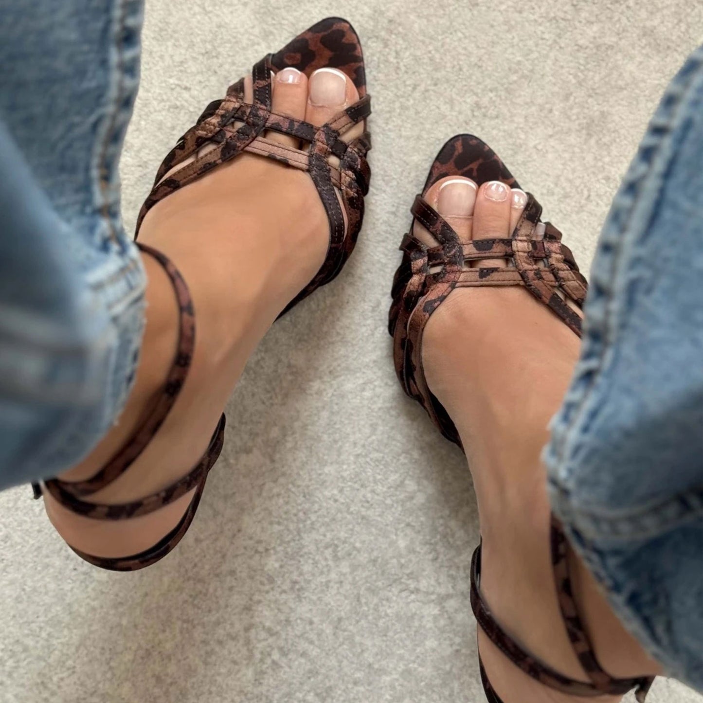Leopard Satin Pointed-Toe Strappy Back And Ankle Strap High Heels