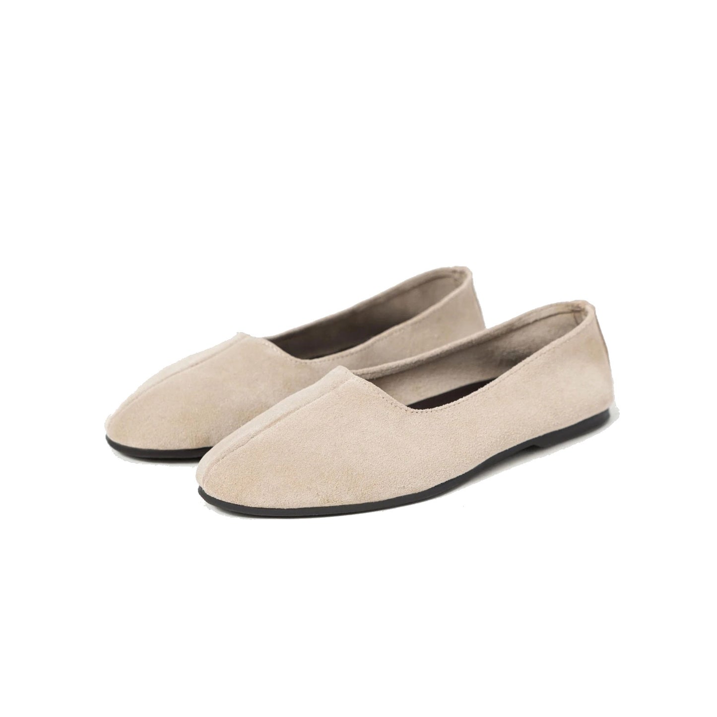 Beige Cow Suede Round-Toe Slip-On Classic Ballet Flats