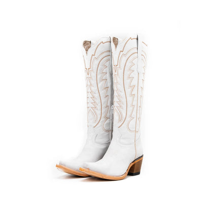 White Snip-Toe Thread Stitching Half-Zip Knee High Cowgirl Boots