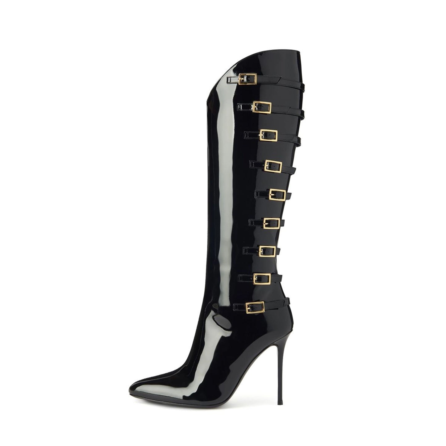 Patent Black Pointed-Toe Back Buckle Straps Full-Zip Knee High Stiletto Boots