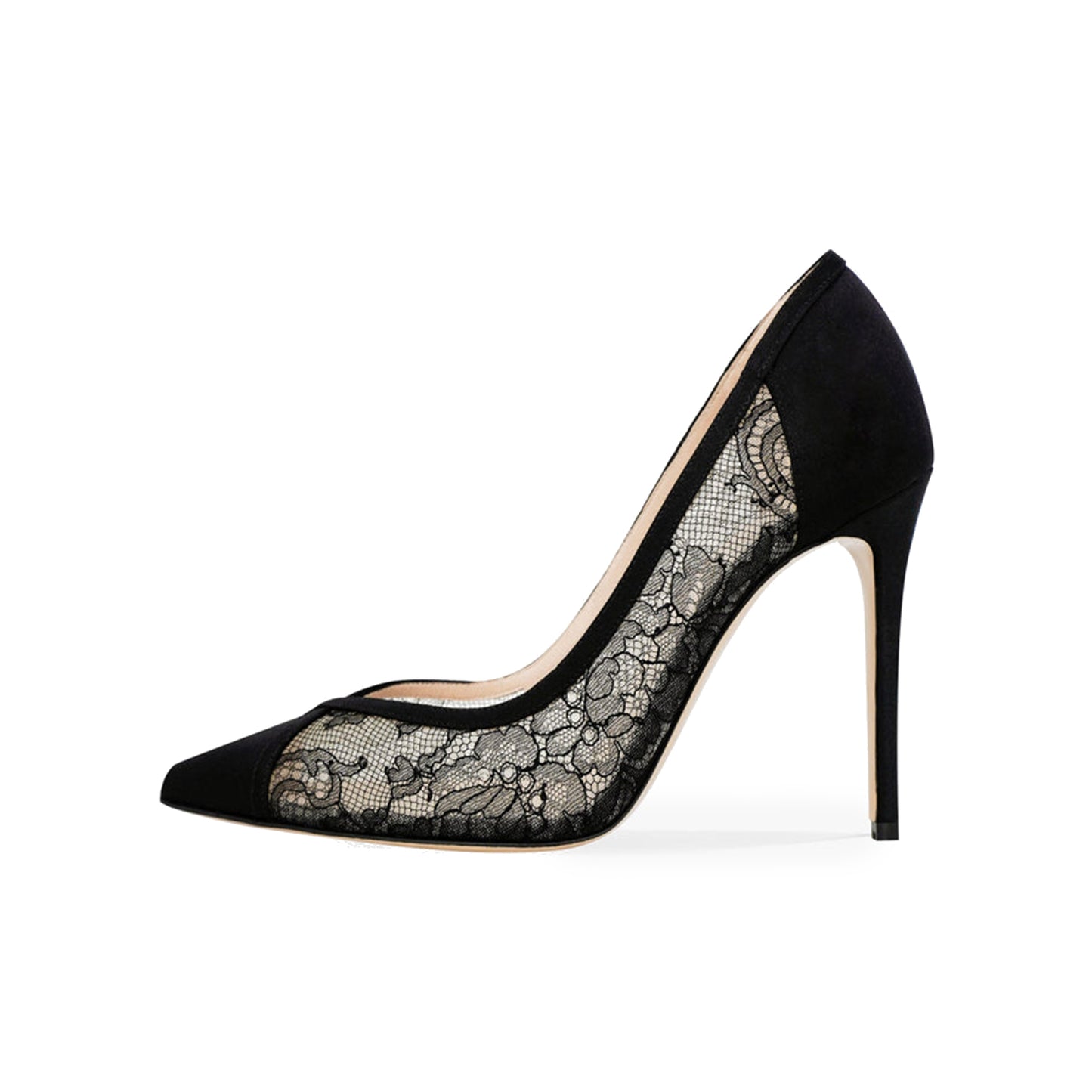 Black Lace Mesh And Satin Pointed-Toe Slip-On Classic High Heels