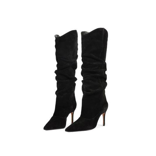 Black Faux Suede Pointed-Toe Slouch Wide Calf Knee High Stiletto Boots