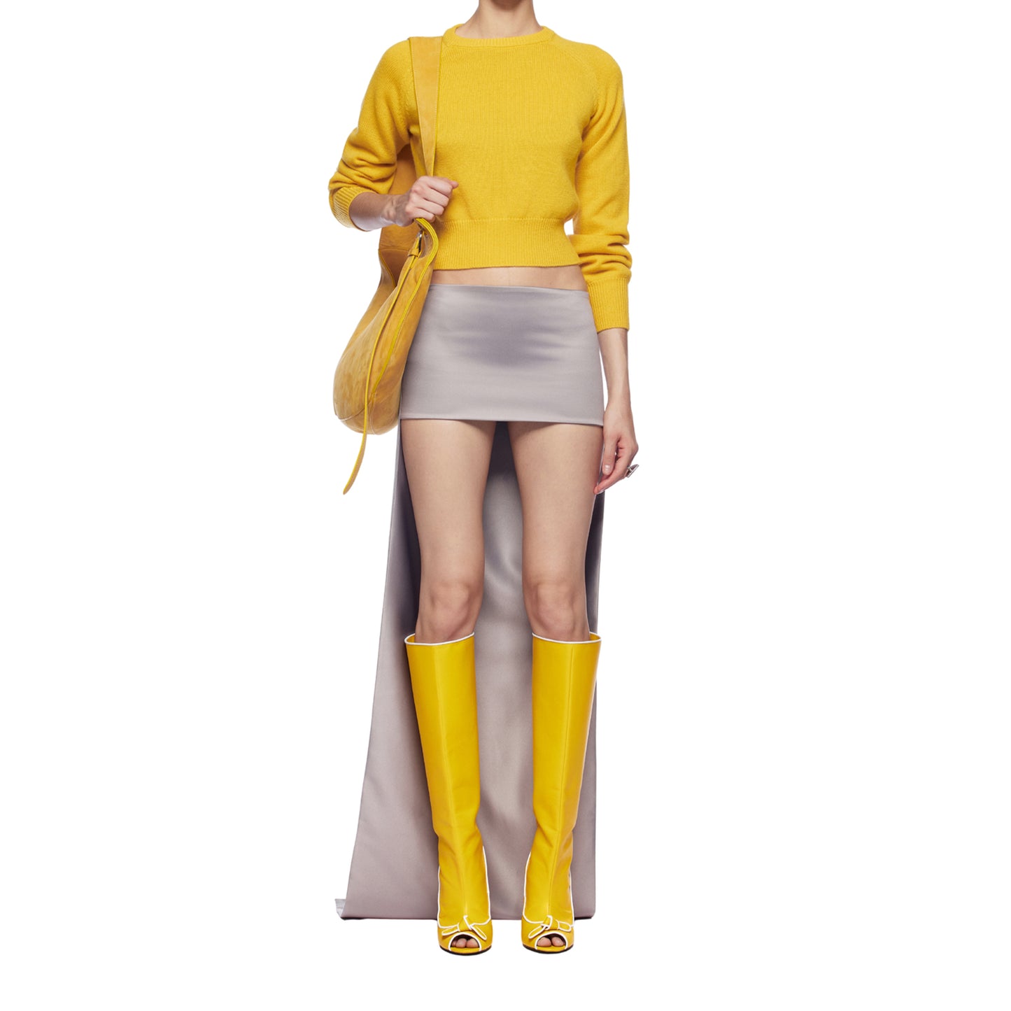 Yellow Peep Round-Toe With Bow Back Cut-Out Wide Calf Knee High Stiletto Boots