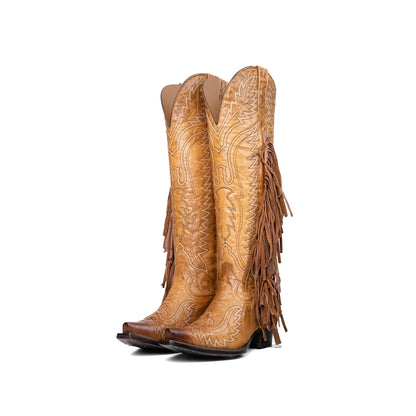 Camel Snip-Toe Embroidery Side Fringe Half-Zip Knee High Cowgirl Boots