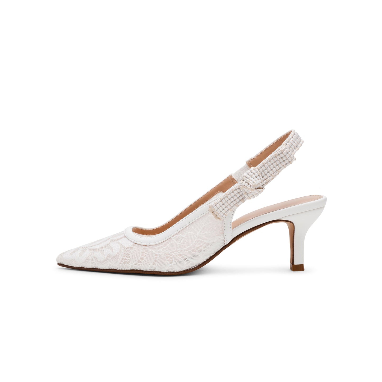 White Lace Mesh Pointed-Toe Slingback With Bow Kitten Heels