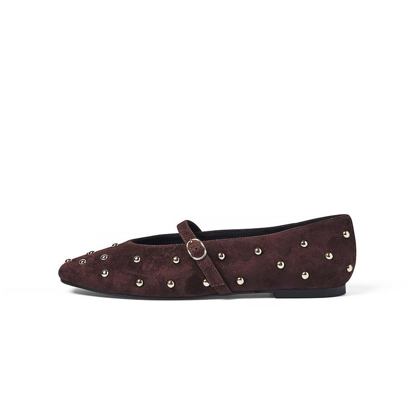 Brown Faux Suede Square-Toe Studs And Mary Jane Ballet Flats